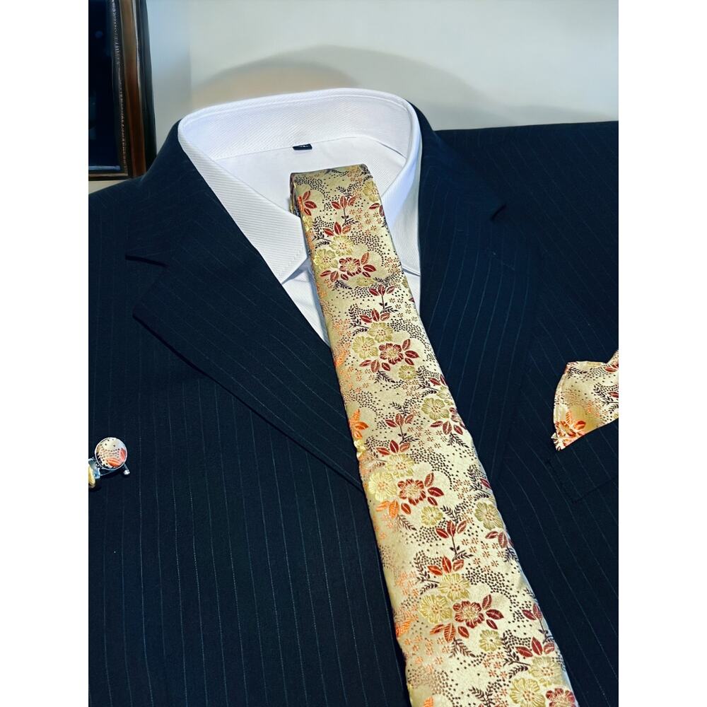Men’s 3 Piece Tie Set Golden Floral Tie Pocket Square Cufflinks 57.75"x3.25"
